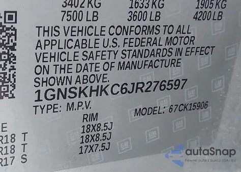 2018 Chevrolet Suburban Lt from USA, damaged, VIN 1GNSKHKC6JR276597